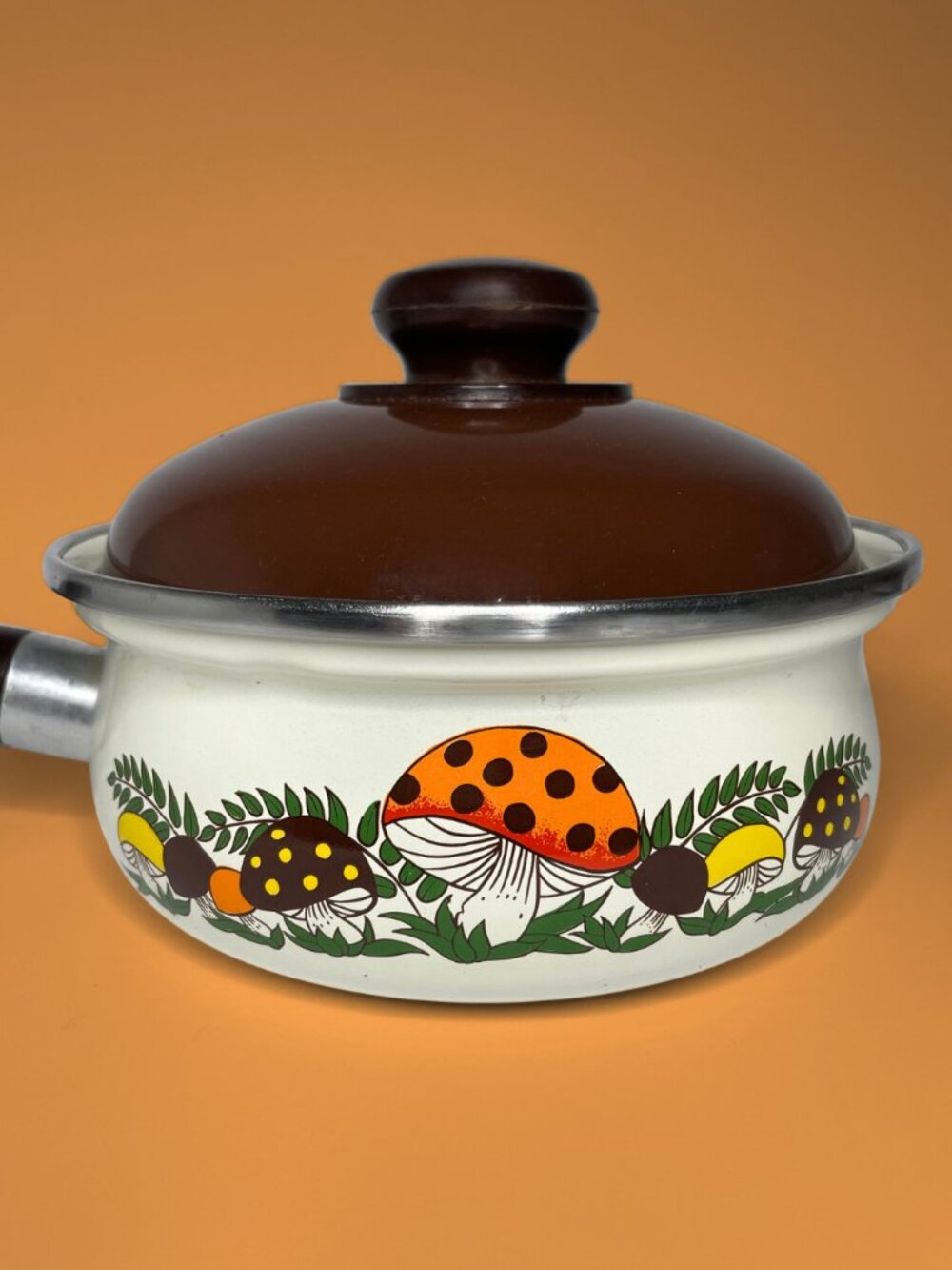 Vintage 1970s Mushroom Enamel Saucepan with Lid - Retro Cottagecore Pot